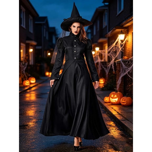 Halloween Wicked Witch Cosplay Outfit for Women Black Vintage Long Dress with Pointed Hat Wizard of Oz Fancy Dress