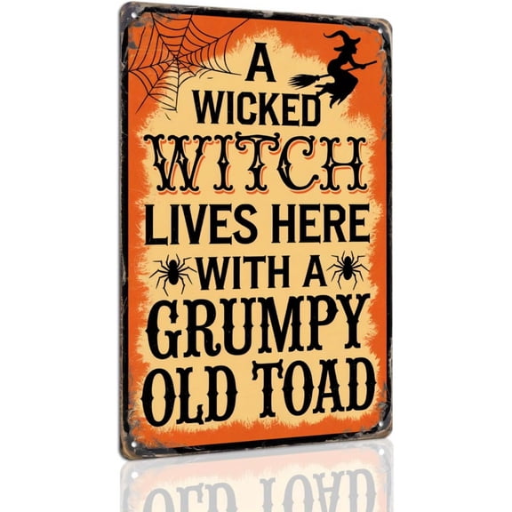 Halloween Wicked Witch and Grumpy Toad Metal Tin Sign Rustic Wall Decor 8x12 Inch