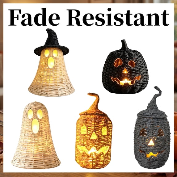Halloween Wicker Ghost Decor Lantern, 12.2" Rustic Rattan Style Lamp Shade Centerpiece for Halloween Fall Autumn Thanksgiving Table Mantel Party Home Office Decoration