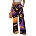 thumbnail image 1 of Halloween Wide Leg Pants for Women, Button Closure Trousers with Gradient Pumpkin & Bat Print, High Waist Loose Fit Streetwear Bottoms with Pockets, 1 Pc Dark Purple L, 1 of 6