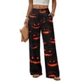 thumbnail image 1 of Halloween Wide Leg Pants for Women, Button Closure Trousers with Gradient Pumpkin & Bat Print, High Waist Loose Fit Streetwear Bottoms with Pockets, 1 Pc Deep Red S, 1 of 6