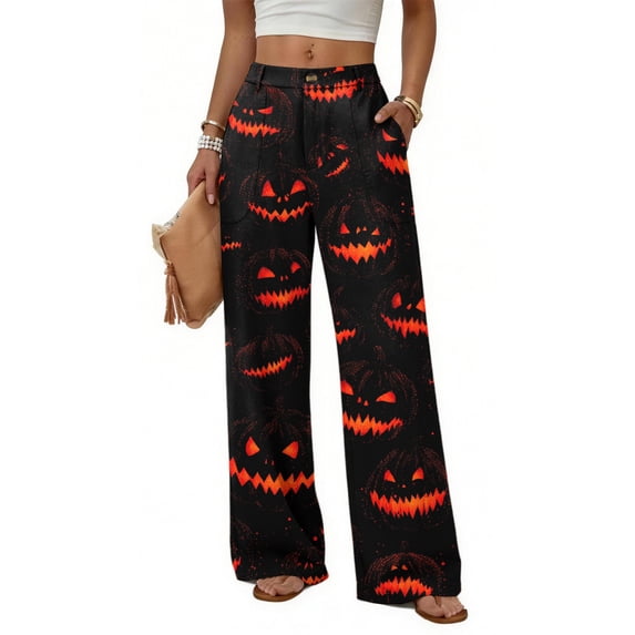 Halloween Wide Leg Pants for Women, Button Closure Trousers with Gradient Pumpkin & Bat Print, High Waist Loose Fit Streetwear Bottoms with Pockets, 1 Pc Deep Red S