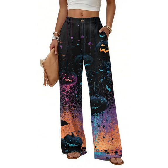 Halloween Wide Leg Pants for Women, Button Closure Trousers with Gradient Pumpkin & Bat Print, High Waist Loose Fit Streetwear Bottoms with Pockets, 1 Pc Multicolor L