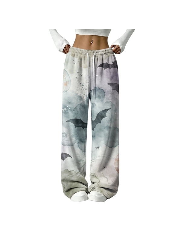Halloween Wide Leg Pants for Women Sweatpants Spooky Pumpkin Print Baggy Fit Fall 2026 Casual Joggers Lounge Pajama Holiday Costumes with Pockets,M,Blue