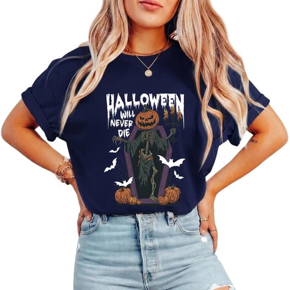 Halloween Will Never Die Casual Acid Washed Tops Horror Spooky Graphic Tees Pumpkin Print T-shirts Short Sleeve Cotton Shirts