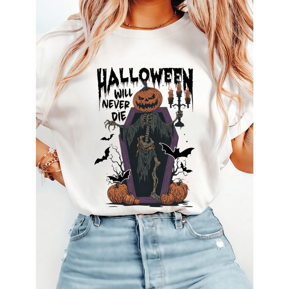 Halloween Will Never Die Casual Tops Horror Spooky Graphic Tees Pumpkin Print T-shirts Short Sleeve Cotton Shirts for Daily Outfits White,2XL