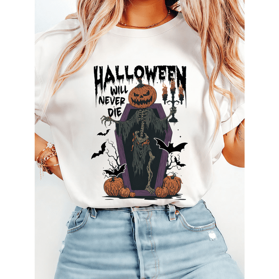 Halloween Will Never Die Casual Tops Horror Spooky Graphic Tees Pumpkin Print T-shirts Short Sleeve Cotton Shirts for Daily Outfits White,4XL