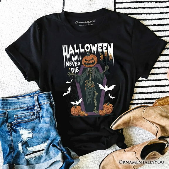 Halloween Will Never Die T-Shirt, Vintage Pumpkin Coffin Skeleton Tee