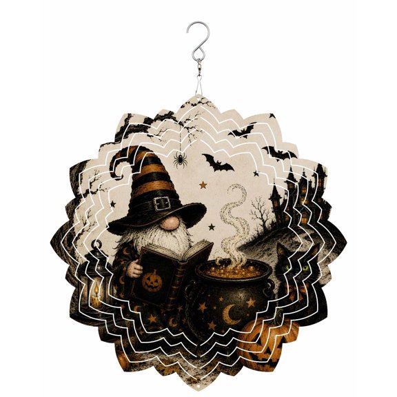Halloween Wind Spinner for Garden Yard 8In, Mystical Astrology Wizard Gnome Black Cat Castle Retro 3D Stainless Steel Kinetic Hanging Wind Spinners Rustproof Outdoor Decor for Lawn Patio Home