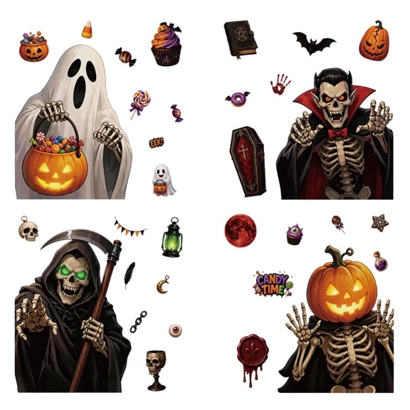 Halloween Window 4 Pack Spooky Icons Ghost Skeleton Jack O Lantern Bat Removable Indoor Party Decor Home Decor for Trick Or Treat Events