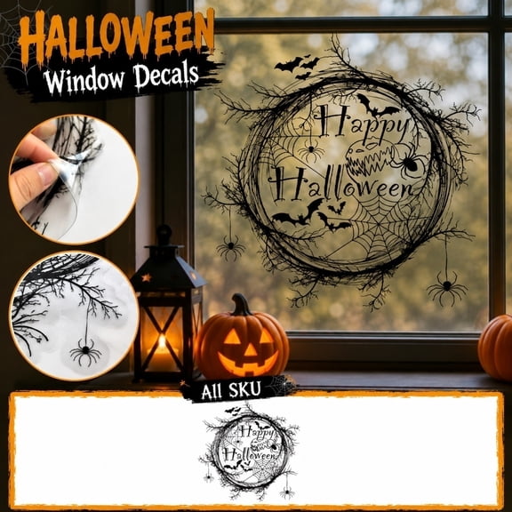 Halloween Window Cling, Halloween Wall, Halloween Decorations, Bat Decorations for Halloween, No Adhesive Static Removable 12X12 Inch Web Bat Glass and Wall Decal for Spooky
