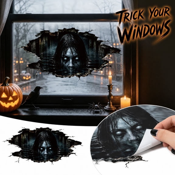 Halloween Window Clings 3D Creepy Ghost Decal, Scary Water Girl Glass Stickers for Haunted House Party Decor, 11.81x23.62 in, 1 Sheet