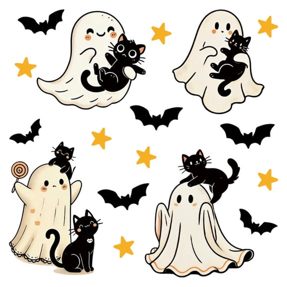Halloween Window Clings, 4 Sheets Static Ghost Cat Bat Decals, Frosted Privacy Glass Stickers for Home Party Decor, Reusable No Residue PVC