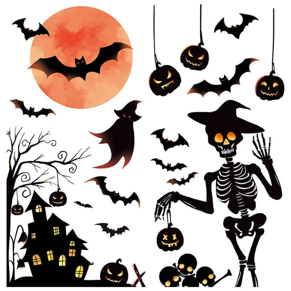 Halloween Window Clings Bat Castle Witch Pumpkin Spider Web Ghost Cat Window Decor Double Sided Halloween Window Decals 12x24 Inch for Living Room Halloween Party Decorations