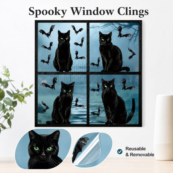 Halloween Window Clings, Black Cat Window Decals, Reusable Static Cling Decals Halloween Window Decorations, 9.84x13.78 Inch, 4 Sheets