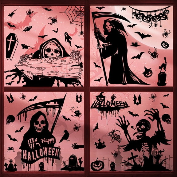 Halloween Window Clings - Black Grim Reaper, Skeleton, Ghost, and Bat Glass Stickers for Día de los Muertos Decor