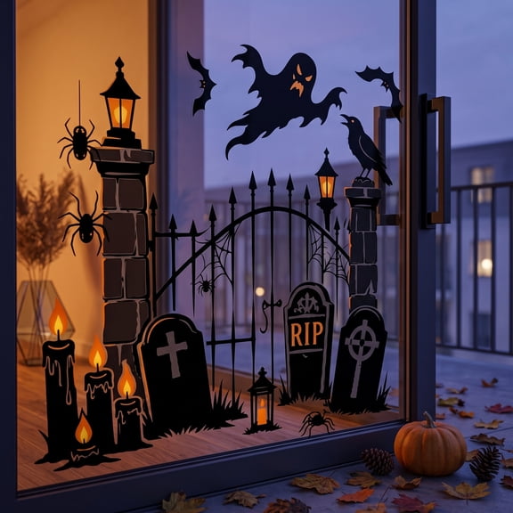 Halloween Window Clings Cemetery Gate Ghost Scene, Reusable Static PVC Window Stickers with Tombstones Crow Bats Candles, Large 30cm Glass Door Decor Decals