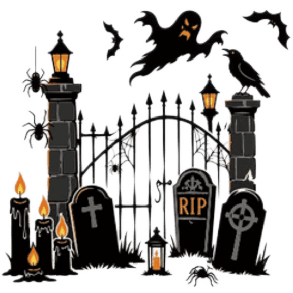 Halloween Window Clings Cemetery Gate Ghost Tombstone Crow Bat Static Decal, Reusable PVC Glass Sticker for Home Party Door Decor, 30cm Large Spooky Scene