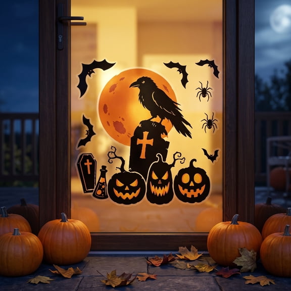 Halloween Window Clings Cemetery Scene Decal, Reusable PVC Pumpkin Tombstone Sticker for Glass Doors Storefronts & Home Spooky Decor