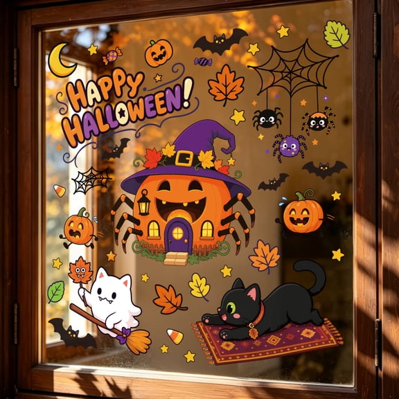 Halloween Window Clings Cute Cartoon Decor Pumpkin Ghost Black Cat Themed Decals for Home Party Kids Room Window Wall Decorations