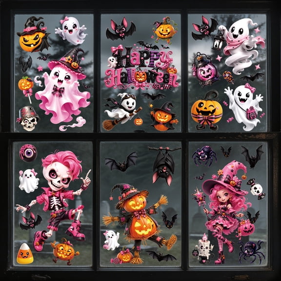 Halloween Window Clings, Cute Pink Halloween Static Window Stickers, Removable PVC Indoor Decals for Party Home Glass Decor, 9 Sheets