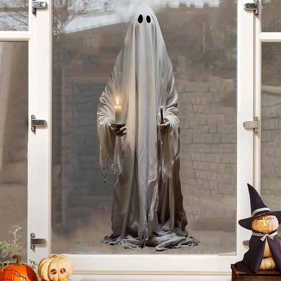 Halloween Window Clings Decor, 4pcs Extra Large Scary Halloween White Ghosts Holding Candle Wall Decals Indoor, 2 Sheets Creppy School Home Sticker Decorations for Glass Windows Office Party