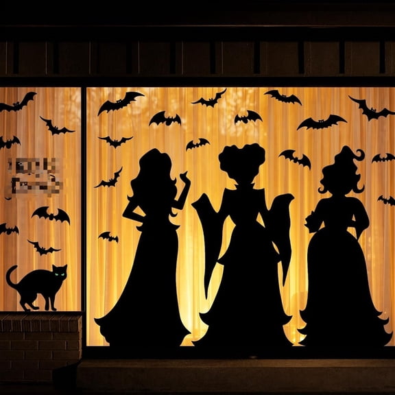 Halloween Window Clings Decor Decorations: Extra Large Hocus-Pocus Witchs Black Cat Bat Silhouette Window Decals, Halloween Window Stickers Indoor, School Home Office Party