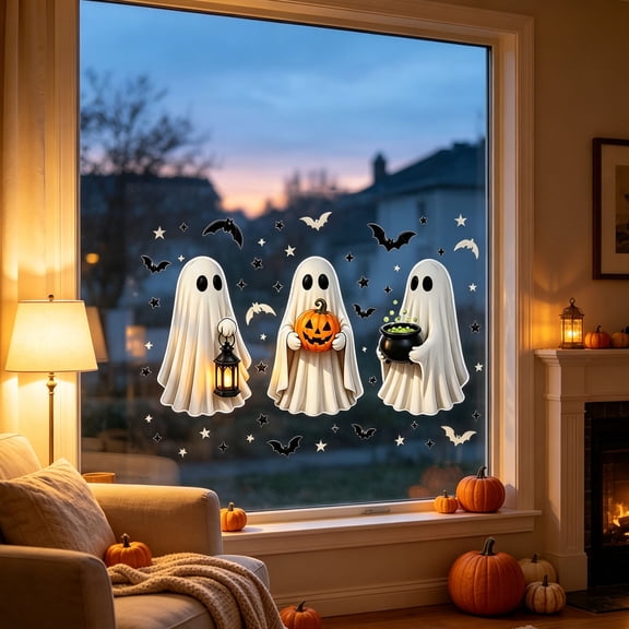 Halloween Window Clings Decorations Halloween Ghosts Bats Stars Window Decals Double Side Scary Ghosts Bat Stickers for Holiday Home Office Decor Glass Decoration Party Supplies