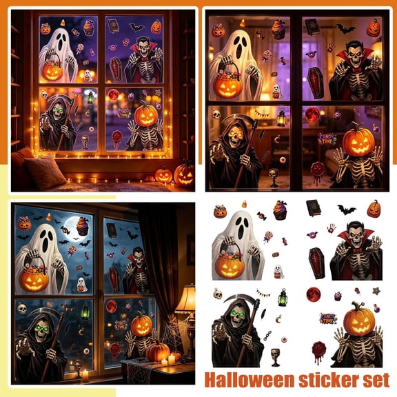 Halloween Window Clings Ghost Vampire Skeleton Pumpkin Decorations for Home Party Window Glass Halloween Wall Decor Set of 4 Sheets