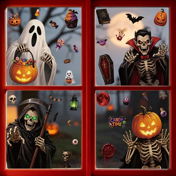Halloween Window Clings, Grim Reaper Ghost Vampire Skeleton Jack O Lantern Static Window Decals, Halloween Decorations for Home Party Glass Doors