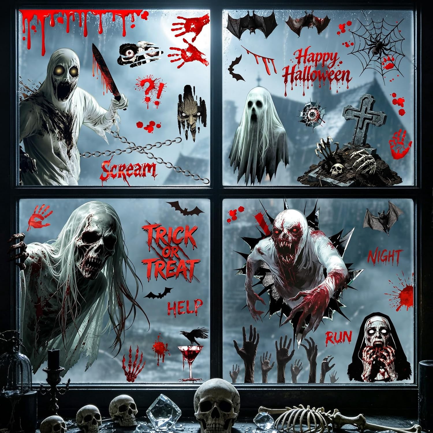 Halloween Window Clings Scary Bloody Zombie Handptints Bat Window ...