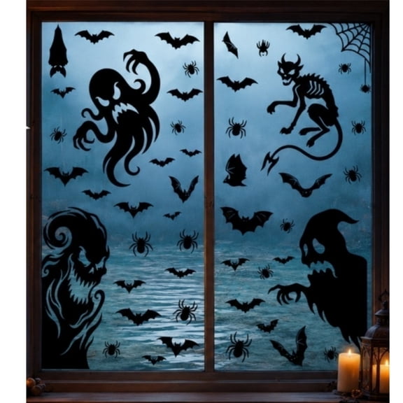 Halloween Window Clings, Spooky Ghost Skeleton Cat Bat Spider Static Halloween Stickers, Removable PVC Indoor Decals for Home Window Party Decor, 4 Sheets 51Pcs