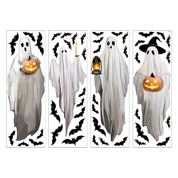 Halloween Window Clings, Spooky Ghost and Bat Static Decals with Pumpkins, Witch Hat and Lantern, 4 Sheets for Indoor Seasonal Party Decor