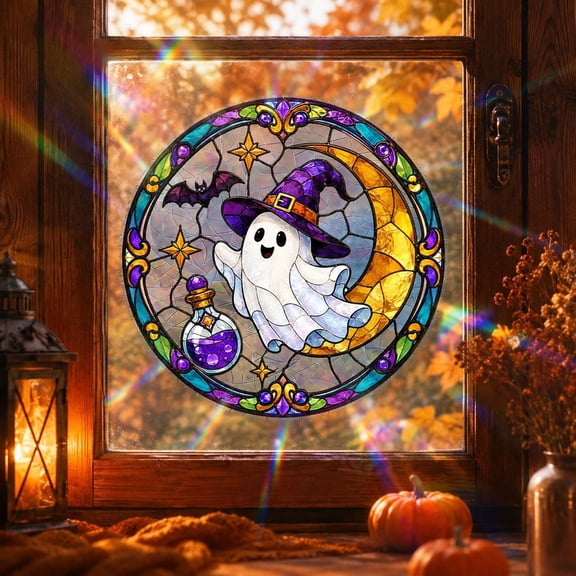 Halloween Window Clings Static Stickers 11.8x11.8in Stained Glass Style Ghost Witch Hat Moon Decal Cute Spooky Decor for Home Windows Mirrors Glass Doors Apartment Friendly Fall Aesthetic