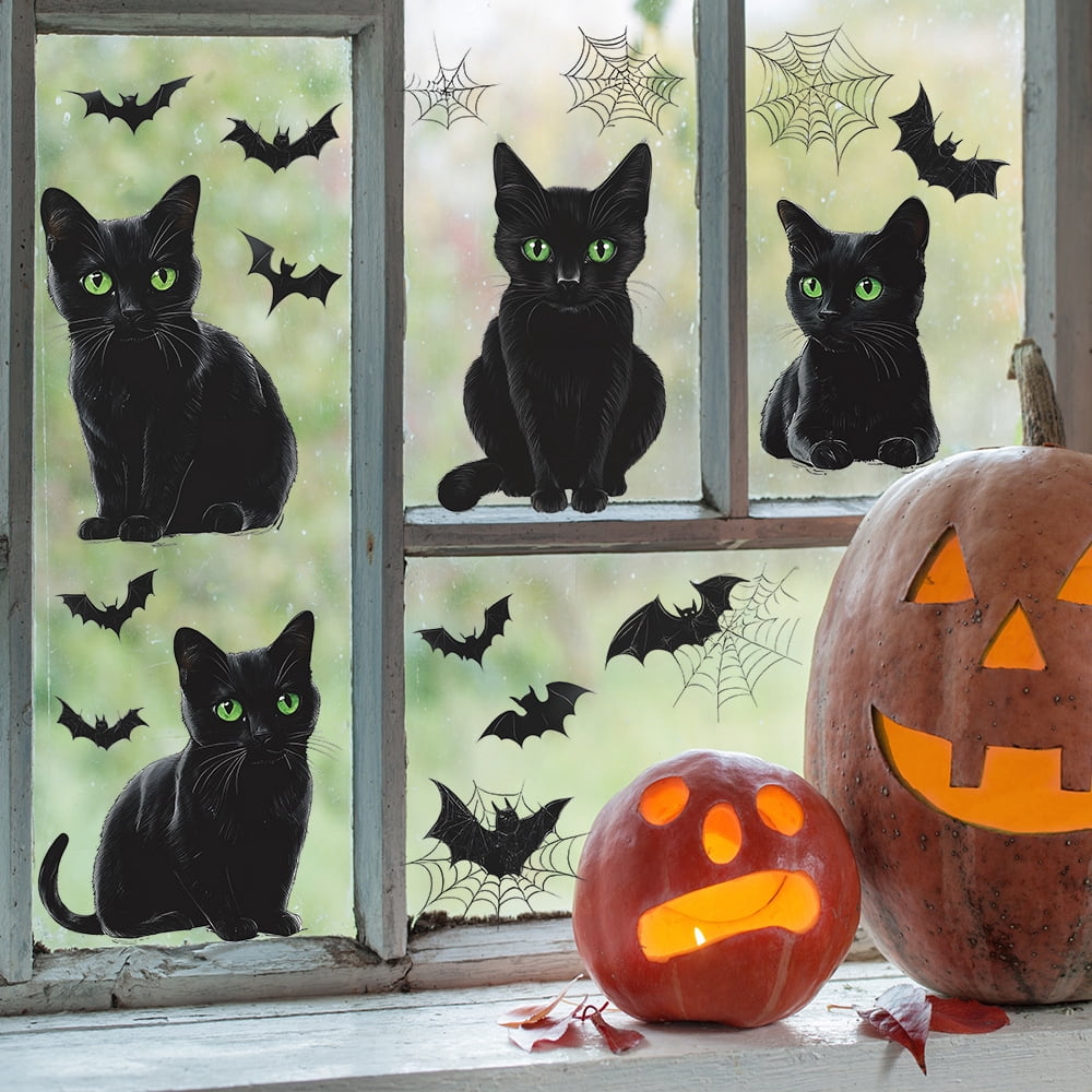 Halloween Window Clings Stickers,DIY Halloween Black Cats Bats Wall ...