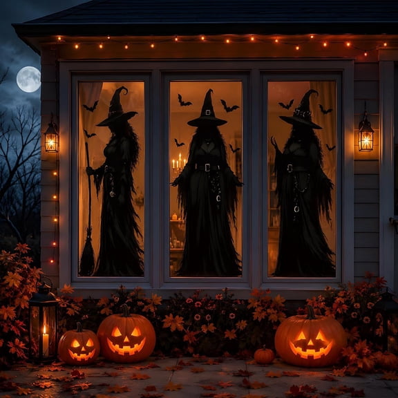 Halloween Window Clings Stickers,Large Spooky Black Witch Wall Decals Window Stickers for Home School Office Glass Indoor Outdoor,DIY Halloween Witch and Bats Wall Decals