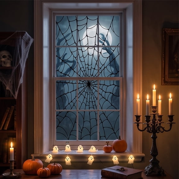 Halloween Window Clings Stickers, Spider Web Glass Decoration with Easy Peel Adhesive & Light Transmitting Design, Holiday Decor for Home Window Store Showcase Party Seasonal Decoration-Black