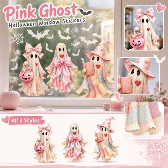 Halloween Window Clings for Glass Windows,Pink Ghost Halloween Window Stickers,Static Cling No Glue Decals for Living Room, Bedroom & Classroom Glass
