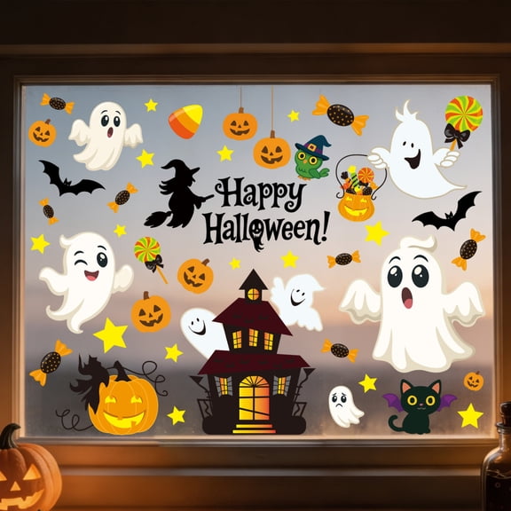 Halloween Window Clings with Ghosts Pumpkins Bats and Haunted House Designs, Reusable Static for Glass Windows and Party Decorations
