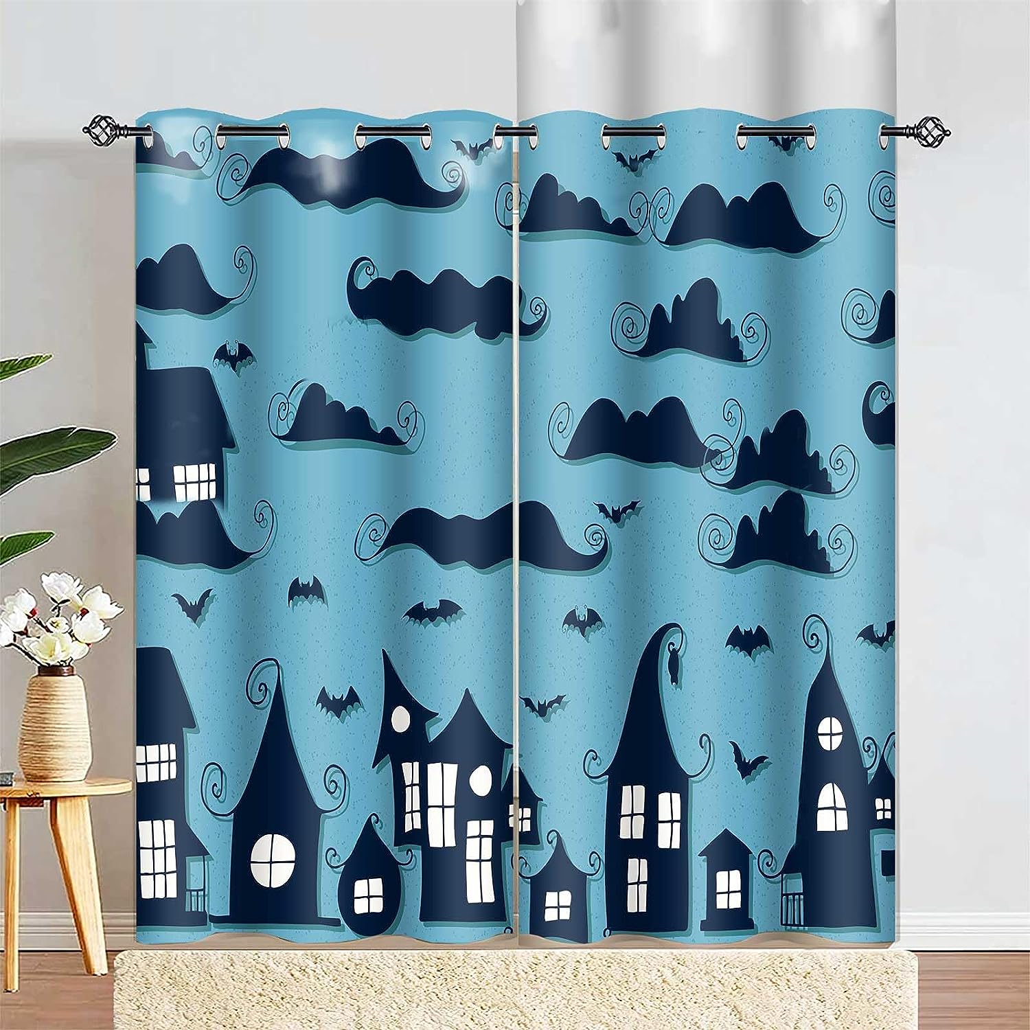 Halloween Window Curtain Scary Black Bats Horror Haunted House Curtains