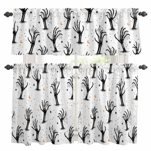Halloween Window Curtains Valance Set of 3 Creepy Minimalist Skeletons Zombie Hands Cobweb Moon Rod Pocket Small Kitchen Curtain, Soft Window Treatment for Bedroom Party Holiday Decor