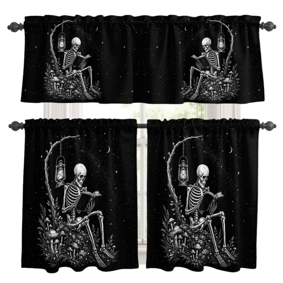 Halloween Window Curtains Valance Set of 3 Dark Academia Goth Study Tree Arch Mystical Night Moon Stars Rod Pocket Small Kitchen Curtain, Soft Window Treatment for Bedroom Party Holiday Decor