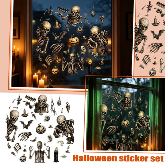 Halloween Window Decals 12 X 8 Inch Skeleton Ghost Bat Glow in The Dark Wall Decals Spooky Halloween Decor for Home Party 4 Sheet Set of Halloween Window for Haunted House