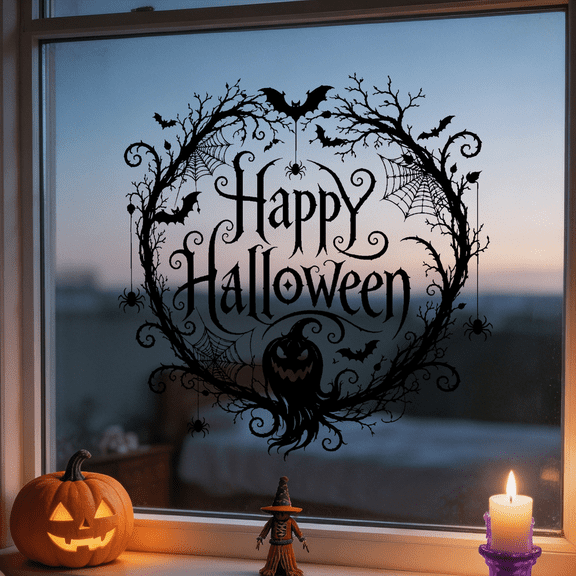 Halloween Window Decals, Gothic Halloween Decor, Halloween Outdoor Window Decorations, Web Decoration, Halloween Pumpkin Decorations, 12X12 Inch Pvc Static Cling Gothic Dark Happy