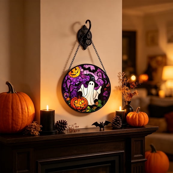 Halloween Window Decor Black Ghost Suncatcher, Purple Pumpkin Hanging Ornament for Fall, Thanksgiving Home Decor, 7.9in