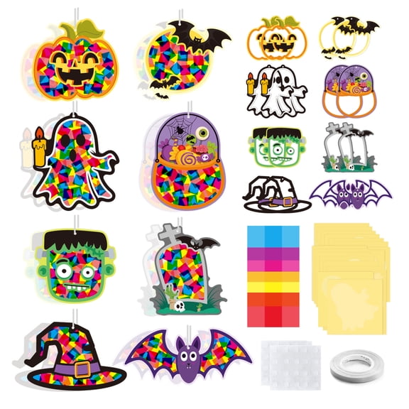 Halloween Window Decorations, Halloween Paper Craft Set with Cartoon Halloween Cutouts of Frankenstein, Tombstone, Zombie Hand and Candy Bag, for Student, Home Classroom, Haunted