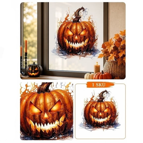 Halloween Window Decorations, Halloween Party Decorations, Scary Halloween Decor, Halloween Clings for Windows, 12X12 Inch Watercolor Drip Spooky Face Pumpkin Self-Stick Wall,