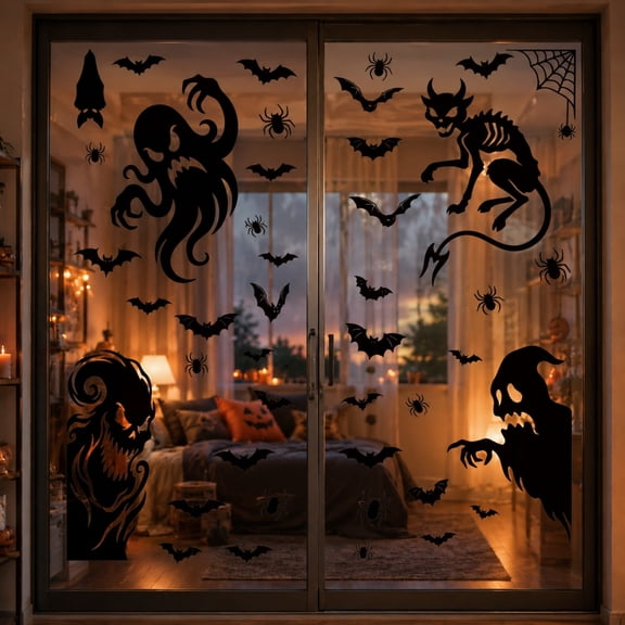 Halloween Window Decorations, Halloween Window, Ghost Window Clings, Bat Window Clings, 4-Sheet Static Cling Removable Decals for Glass Windows, Easy to Apply and Reposition for