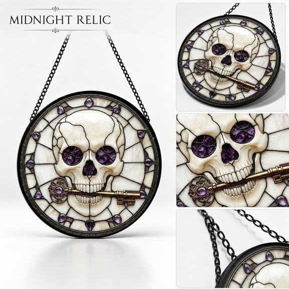 Halloween Window Decorations, Purple Gothic Skull Hanging Design, for Window Wall Home Display, Creative Spooky Holiday Gift, Acrylic Material, 7 Inch Diameter Acrylic Jigsaw