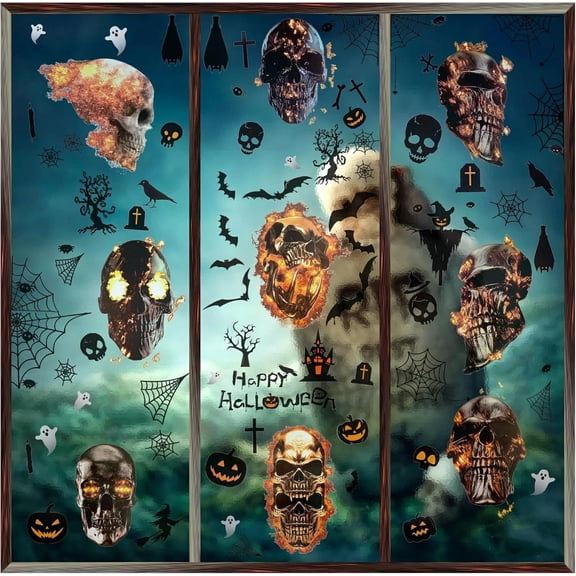 Halloween Window Decorations Spooky Scary Halloween Decorations Window Clings with Flame Skeleton Indoor Halloween Decor for Home Classroom Party Haunted House 1 Pack
